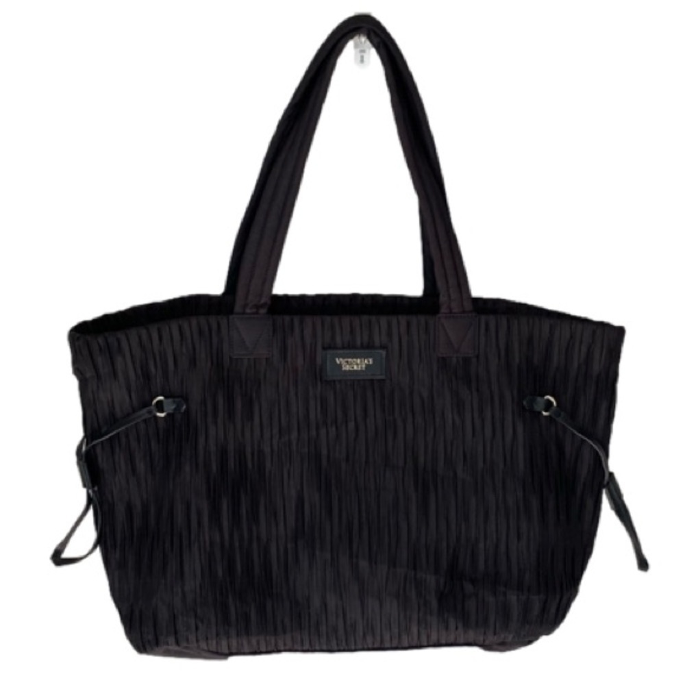VICTORIA'S SECRET Large Tote Bag Crinkle Pleated Fabric Black Zip Closure